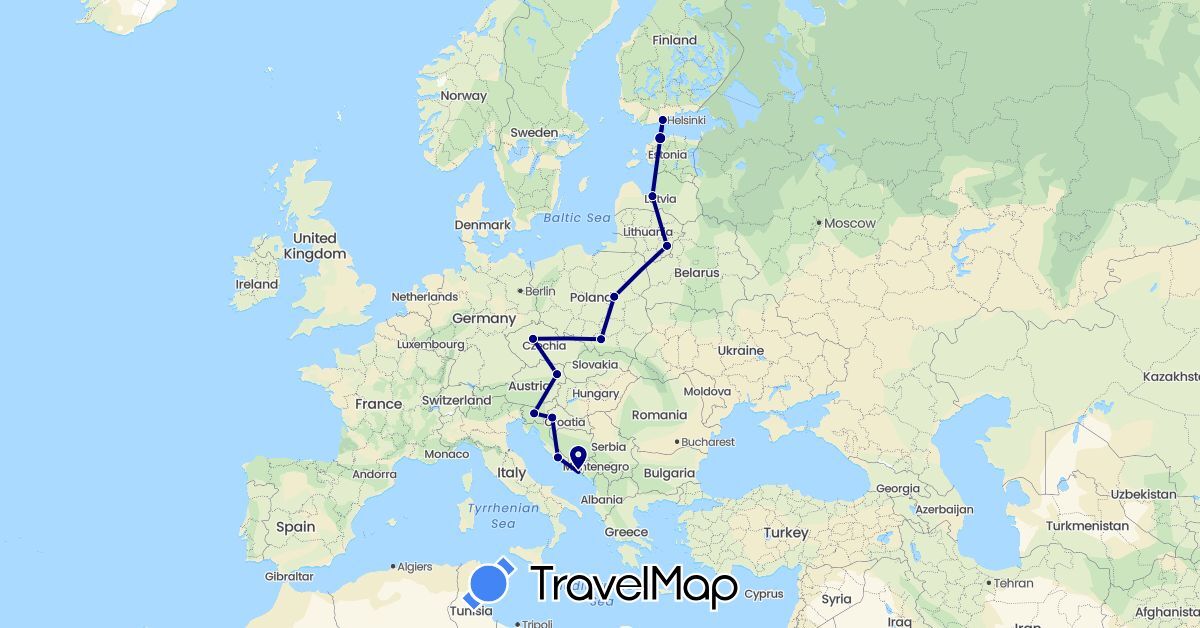 TravelMap itinerary: driving in Austria, Czech Republic, Estonia, Finland, Croatia, Lithuania, Latvia, Poland, Slovenia (Europe)